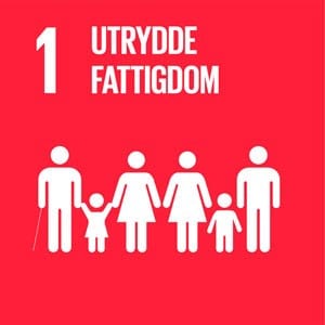 Rødt banner med tekst 1 Utrydde fattigdom og hvite figurer av voksne og barn.