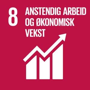 Banner med rødlilla bakgrunn og hvit tekst: 8 ANSTENDIG ARBEID OG ØKONOMISK VEKST og en hvit graf som peker oppover. 