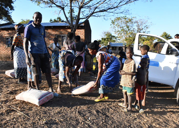 Utdeling av mais og soyabønner. Kvinner, menn og barn tar i mot fra SOS-barnebyers medarbeidere. det er også en bil fra SOS-barnebyer i bildet. Foto: SOS-barnebyer Malawi