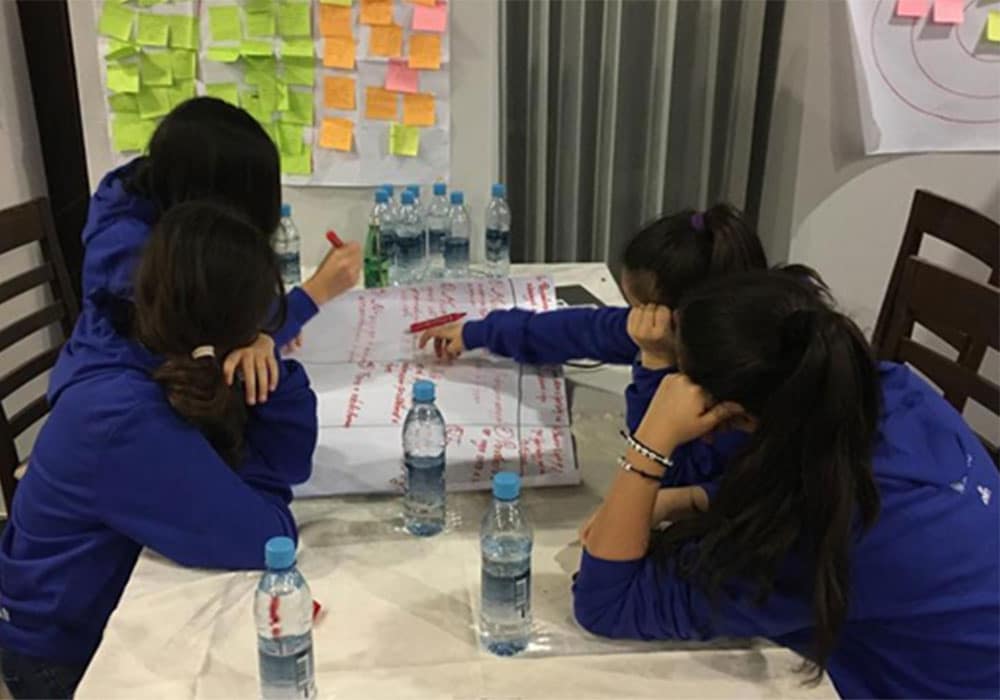Fire ungdom sitter rundt et bord og skriver, på ei tavle i bakgrunnen er det mange post-it lapper. Foto: SOS-barnebyer Kosovo